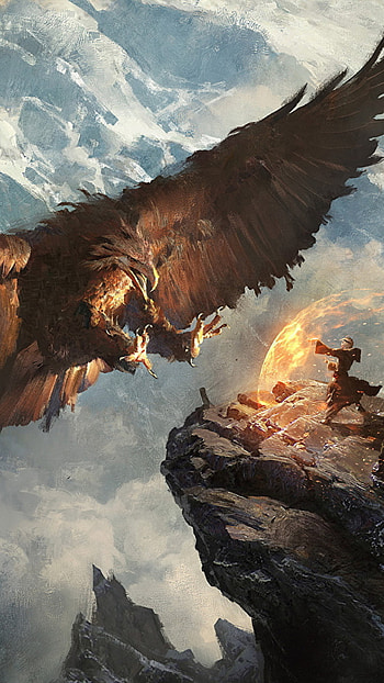 Giant eagle vs knight mage, Fantasy landscape, Majestic mountains HD phone wallpaper