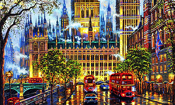 The Palace of Westminster, London, artwork, buildings, painting, city, cars, street, trees, bus HD wallpaper