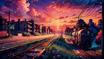 Anime Sunset Landscape – Vibrant Digital Art of a City Train Scene, anime landscape, landscape, Digital Art, AI Art, Anime HD wallpaper
