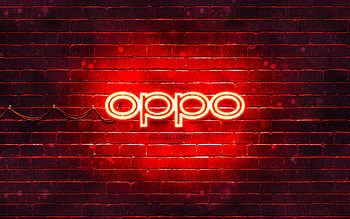 Oppo red logo, , red brickwall, Oppo logo, brands, Oppo neon logo, Oppo HD wallpaper