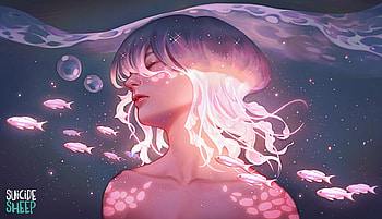 June, vara, karmen loh, art, jellyfish, girl, summer, pink, fantasy, pesti, underwater, face, fish, luminos, water HD wallpaper