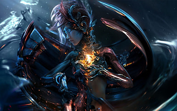 Fantasy girl, blue, black, robot, girl, flame, woman, wen jr, fantasy, yellow, fire HD wallpaper