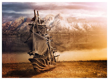 Nowhere Bound, sea, boat, ship, fantasy, clouds, sky, sunset HD wallpaper