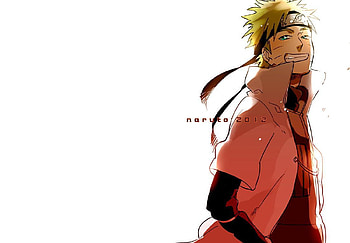 Uzumaki Naruto, headband, naruto shippuden, smile, white background, lone, anime, whiskers, naruto, blonde hair, trench coat, green eyes, male, solo, spiky hair HD wallpaper