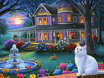 Moonlight in the Garden, artwork, painting, house, fountain, garden, flowers, cat, sunset HD wallpaper