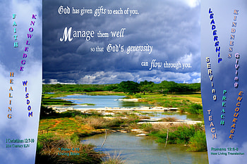 Manage Your Gifts Well, creek, inspirational, Bible, rocks, stone, clouds, trees, sky, water HD wallpaper