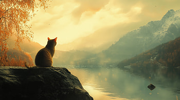 Lonely Cat by the Foggy Lake -, cat, lake, mountain, loneliness, fog HD wallpaper