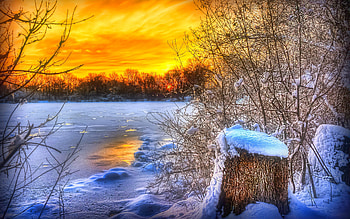 River Sunset, Winter, Nature, Sunset, River HD wallpaper