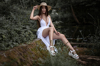 Audrey Frolov in Whte, outdoors, model, dress, brunette, hat HD wallpaper