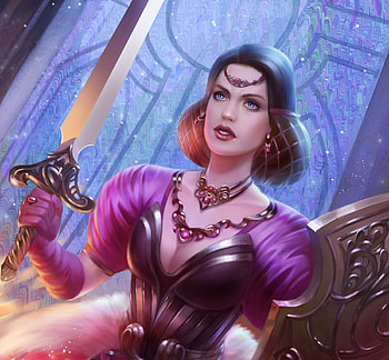 Fantasy girl, anastasia shestak, blue, pink, fantasy, sword, girl HD wallpaper