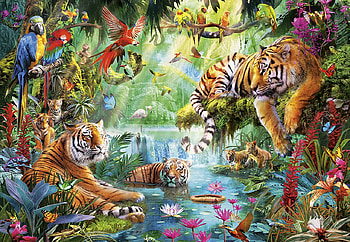 Tigers, art, painting, tiger, pictura, tigru, jungle, eater, parrot, bird HD wallpaper
