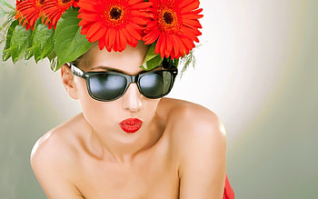 Cool Model With Sunglasses, pretty, sunglasses, Model, cool, Red flowers, hair, woman HD wallpaper