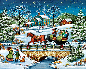 Over the River F, river, winter, architecture, art, landscape, beautiful, illustration, houses, artwork, scenery, wide screen, horses, painting, snow, equine, bridge HD wallpaper