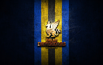 Delhi Defenders, golden logo, Elite Football League, blue metal background, indian football team, Delhi Defenders logo, american football HD wallpaper