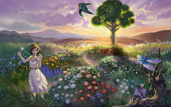 Birds, Landscape, Flowers, Grass, Art, Girl, Child, Kite HD wallpaper