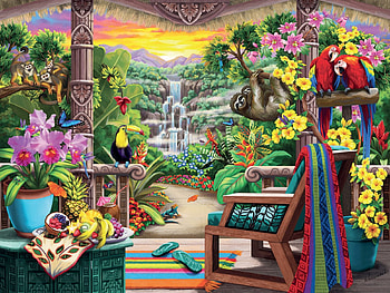 Tropical Retreat, waterfall, flowers, painting, parrots HD wallpaper