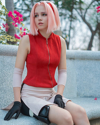 Sakura Haruno, cosplay, red, knee, beauty, games HD phone wallpaper