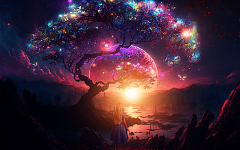 Delusions, light, girl, sunset, tree, planet, fantasy, landscape, fantasy landscape HD wallpaper