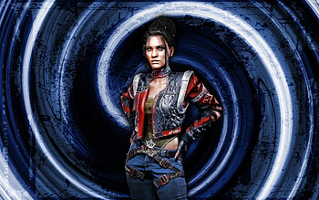 Panam Palmer, blue grunge background, Cyberpunk 2077, RPG, vortex, Cyberpunk 2077 characters, Panam Palmer Cyberpunk 2077 HD wallpaper