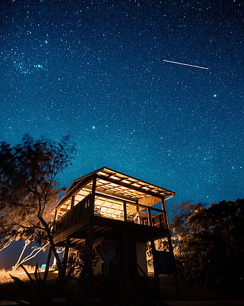 Nature, Stars, Night, Starry Sky, Small House, Lodge HD phone wallpaper
