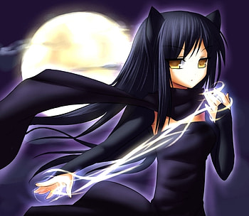 Cat at midnight, girl, cat, anime, moon HD wallpaper