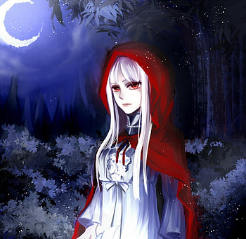Red Hood, silver hair, night, glow, gloom, cute, red eyes, long hair, lady, moon, hood, maiden, female, sexy, hot, girl, gloomy, dark, anime girl, anime, crescent, light, white hair, sky HD wallpaper