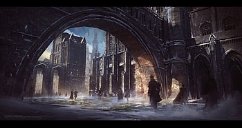 Ardoras cathedral walk bordered, fantasy, world, luminos, people, walk border, cathedral, cedric cunanan HD wallpaper