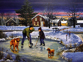 Ice Hockey Brothers F1, dog, winter, art, landscape, beautiful, sports, ice hockey, artwork, scenery, wide screen, painting, snow, pet, canine HD wallpaper