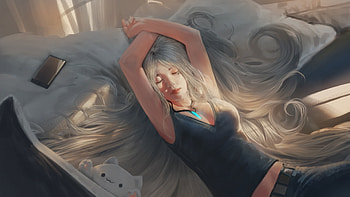 Sleeping girl, blonde, fantasy, pisici, cat, smart, sleep HD wallpaper