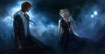 Through The Eyes Of The Night, night, looking at each other, blond, man, lamps, eyes, woman, looking, mist, fog, vampires, fantasy, swords, dark fantasy, katana HD wallpaper