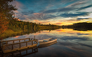 Lake in Sweden, boat, pier, Sweden, lake HD wallpaper