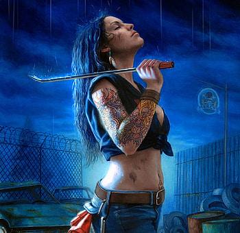 Spiritual Refreshment, blue, junk, crowbar, rain, tattoo, tyres, barbed wire, fantasy, oil drums, fence, female HD wallpaper