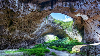 Devetashka Cave, Bulgaria, arches, plants, rocks, stones HD wallpaper