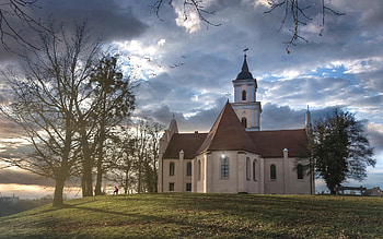 Church, clouds, trees, birds HD wallpaper