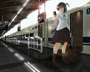 Train Station, sshort hair, blouse, station, digital, female, sexy, skirt, ribbon, hot, girl, train, black hair, mobile, hand, anime girl, anime, light, platform HD wallpaper