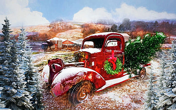Winter Treasures at Christmas Time, landscape, trees, sky, car, painting HD wallpaper