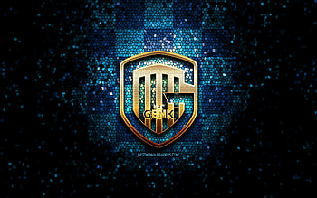 Genk FC, glitter logo, Jupiler Pro League, blue checkered background, soccer, belgian football club, Genk logo, mosaic art, football, KRC Genk HD wallpaper