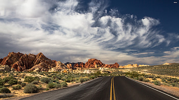 lonely desert road, desert, grass, road, rock HD wallpaper