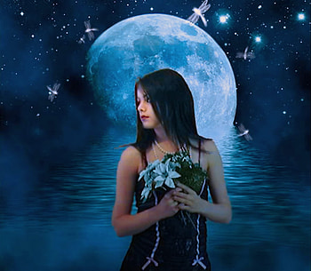 Fantasy, girl, flowers, moon HD wallpaper