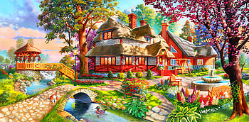 Idyllic evening, colorful, creek, art, parntning, paradise, beautiful, rural, cottage, idyllic, countryside, evening HD wallpaper
