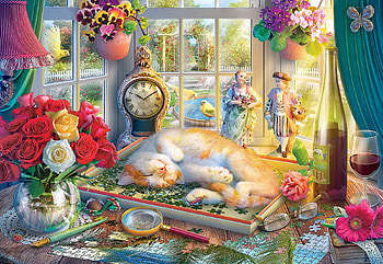 Kitten relaxing, clock, flowers, window, painting HD wallpaper