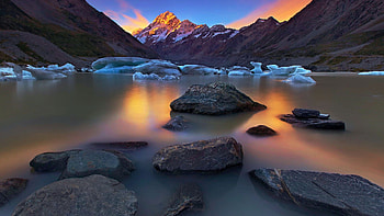 New Zealand, National Park, Mount Cook, colors, landscape, clouds, sky, rocks, ice, lake, sunset HD wallpaper