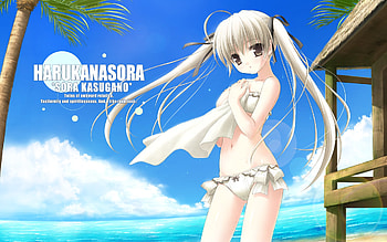 Dream on the Beach, blue, palms, white, sand, house, girl, brown, wood, anime, water, sun, ocean, cloud HD wallpaper