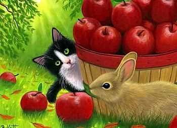 Big Apples, artwork, basket, cat, fruits, rabbist HD wallpaper