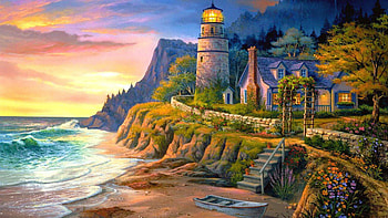 Painting, sea, color, houses, sun, sunset HD wallpaper