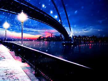 The beauty of the night, night, pier, beauty, light, bridge, clouds, sky, port, water, evening HD wallpaper