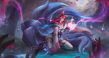 Ahri, blue, pink, fantasy, wu guan, lol, girl, fox HD wallpaper