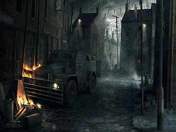 Post War Halloween, buildings, city, crashed, jack o lantern, flame, fire, truck, dark HD wallpaper