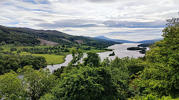 Queen's View, Scotland, sky, hills, landscape, trees, clouds, islands HD wallpaper