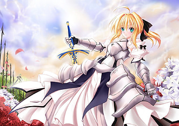 Saber, blonde, own, nice, scenery, petals, flower, blonde hair, cloud, female, blossom, sexy, sweet, sword, ribbon, hot, girl, anime girl, anime, pretty, view, lovely, green eyes, excalibur, cute, floral, fate stay night, knight, dress, long hair, beauty, rose, scenic, scene, roses, beautiful, armor, blade, weapon, sky, gown HD wallpaper